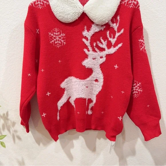 J.ING Jing Red Pullover Oversize Christmas Sweater w/ White Collar One Size NWT - Picture 8 of 10